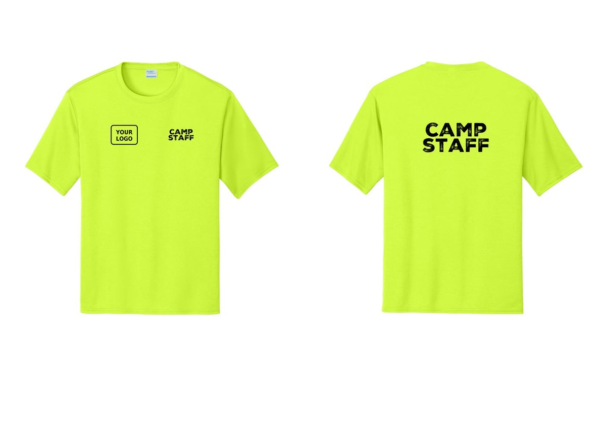 NYC Factory Custom Logo Camp Staff Performance T-Shirt (Rustic) - CAMP STAFF + Your Logo + Back - Neon Yellow