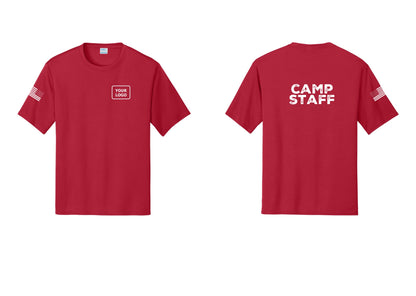 NYC Factory Custom Logo Camp Staff Performance T-Shirt (Rustic) - Your Logo + Back + US Flag Sleeve - Red