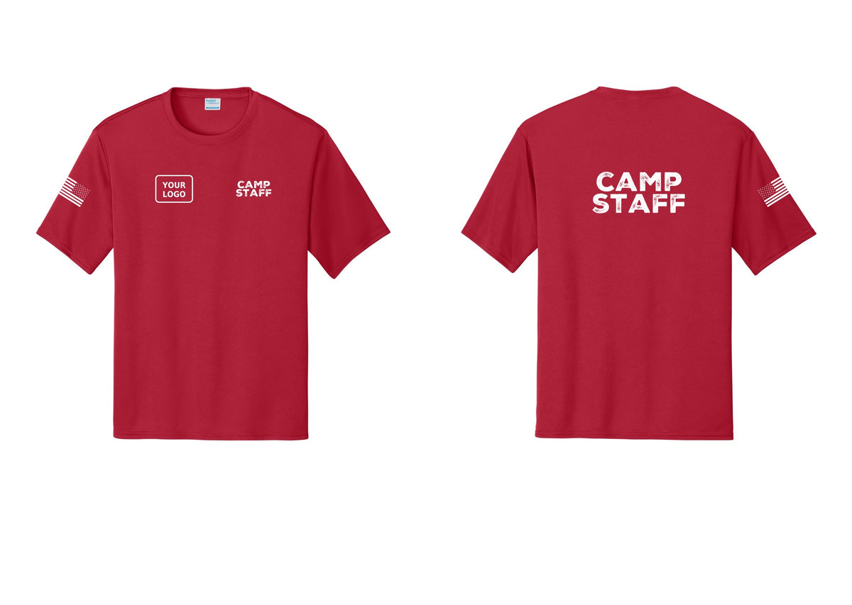NYC Factory Custom Logo Camp Staff Performance T-Shirt (Rustic) - CAMP STAFF + Your Logo + Back + US Flag Sleeve - Red