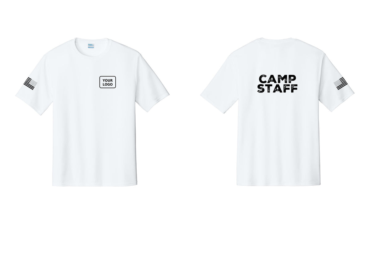 NYC Factory Custom Logo Camp Staff Performance T-Shirt (Rustic) - Your Logo + Back + US Flag Sleeve - White