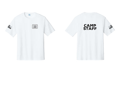 NYC Factory Custom Logo Camp Staff Performance T-Shirt (Rustic) - Your Logo + Back + US Flag Sleeve - White