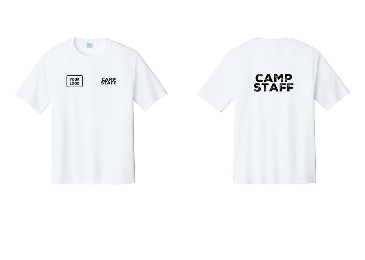 NYC Factory Custom Logo Camp Staff Performance T-Shirt (Rustic) - CAMP STAFF + Your Logo + Back - White