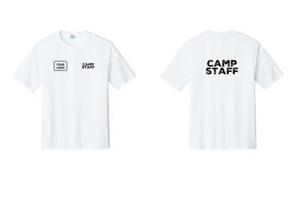NYC Factory Custom Logo Camp Staff Performance T-Shirt (Rustic) - CAMP STAFF + Your Logo + Back - White