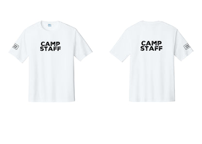 NYC Factory Custom Logo Camp Staff Performance T-Shirt (Rustic) - Front + Back + Your Logo Sleeve - White