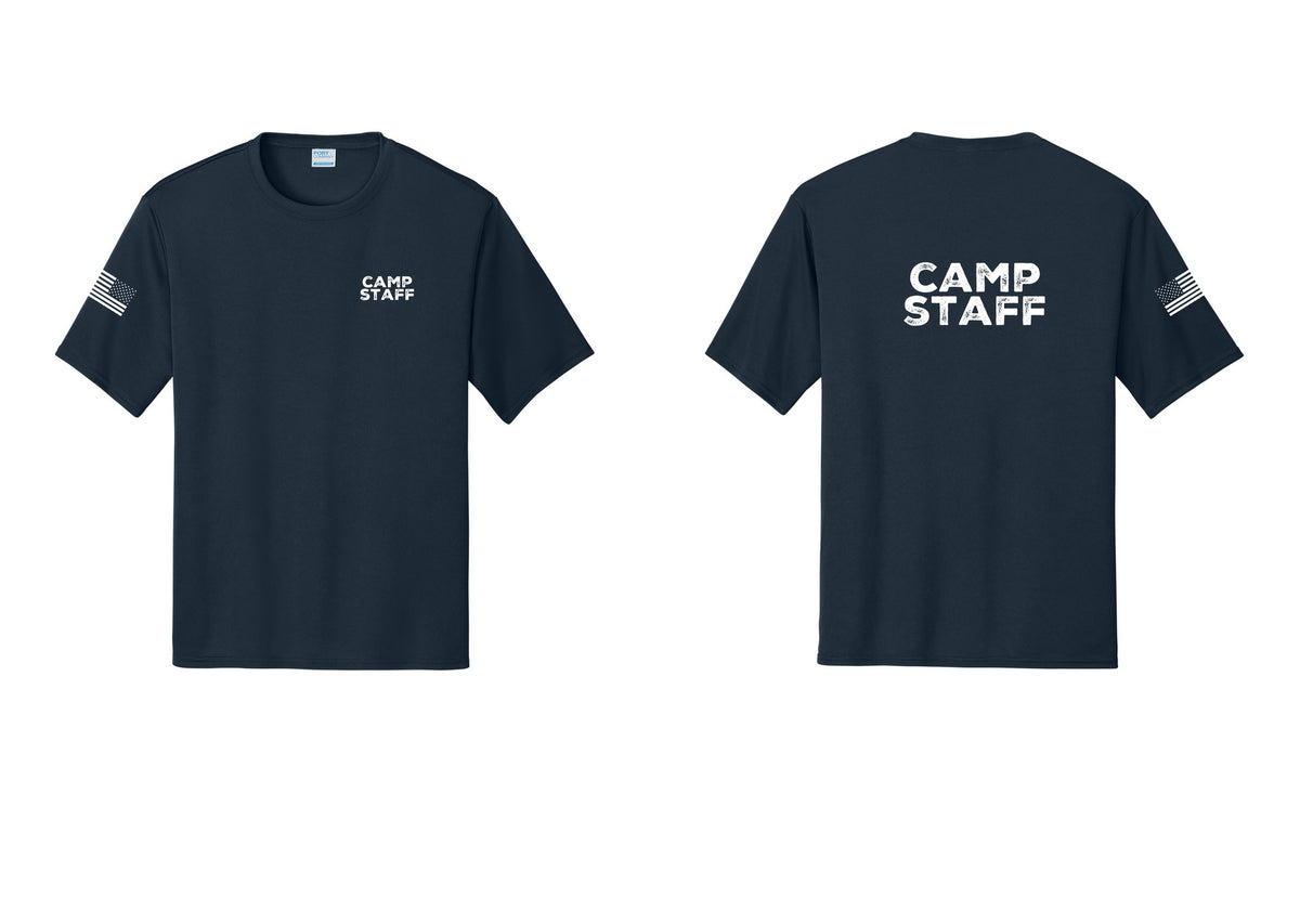 NYC Factory Camp Staff Performance T-Shirt (Rustic) - Chest + Back + US Flag Sleeve - Navy