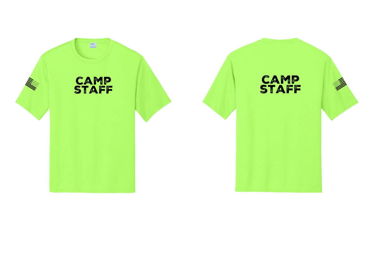 NYC Factory Camp Staff Performance T-Shirt (Rustic) - Front + Back + US Flag Sleeve - Neon Green