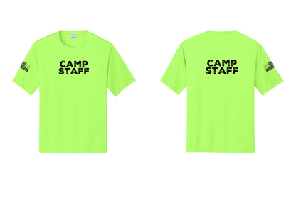 NYC Factory Camp Staff Performance T-Shirt (Rustic) - Front + Back + US Flag Sleeve - Neon Green