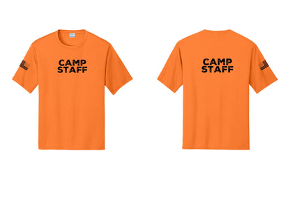 NYC Factory Camp Staff Performance T-Shirt (Rustic) - Front + Back + US Flag Sleeve - Neon Orange