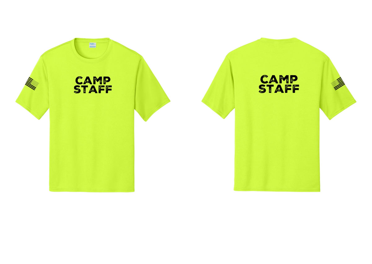 NYC Factory Camp Staff Performance T-Shirt (Rustic) - Front + Back + US Flag Sleeve - Neon Yellow