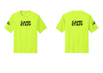 NYC Factory Camp Staff Performance T-Shirt (Rustic) - Front + Back + US Flag Sleeve - Neon Yellow
