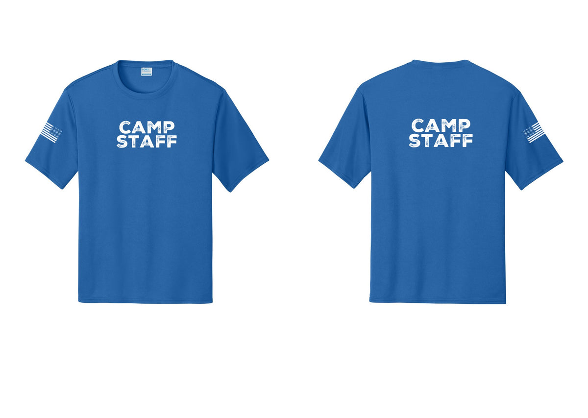 NYC Factory Camp Staff Performance T-Shirt (Rustic) - Front + Back + US Flag Sleeve - Royal
