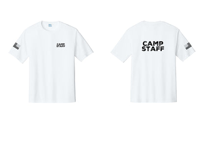 NYC Factory Camp Staff Performance T-Shirt (Rustic) - Chest + Back + US Flag Sleeve - White