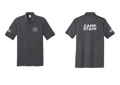 NYC Factory Custom Logo Camp Staff Polo Shirt (Rustic) - Your Logo + Back + US Flag Sleeve - Charcoal