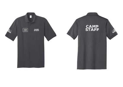 NYC Factory Custom Logo Camp Staff Polo Shirt (Rustic) - CAMP STAFF + Your Logo + Back + US Flag Sleeve - Charcoal