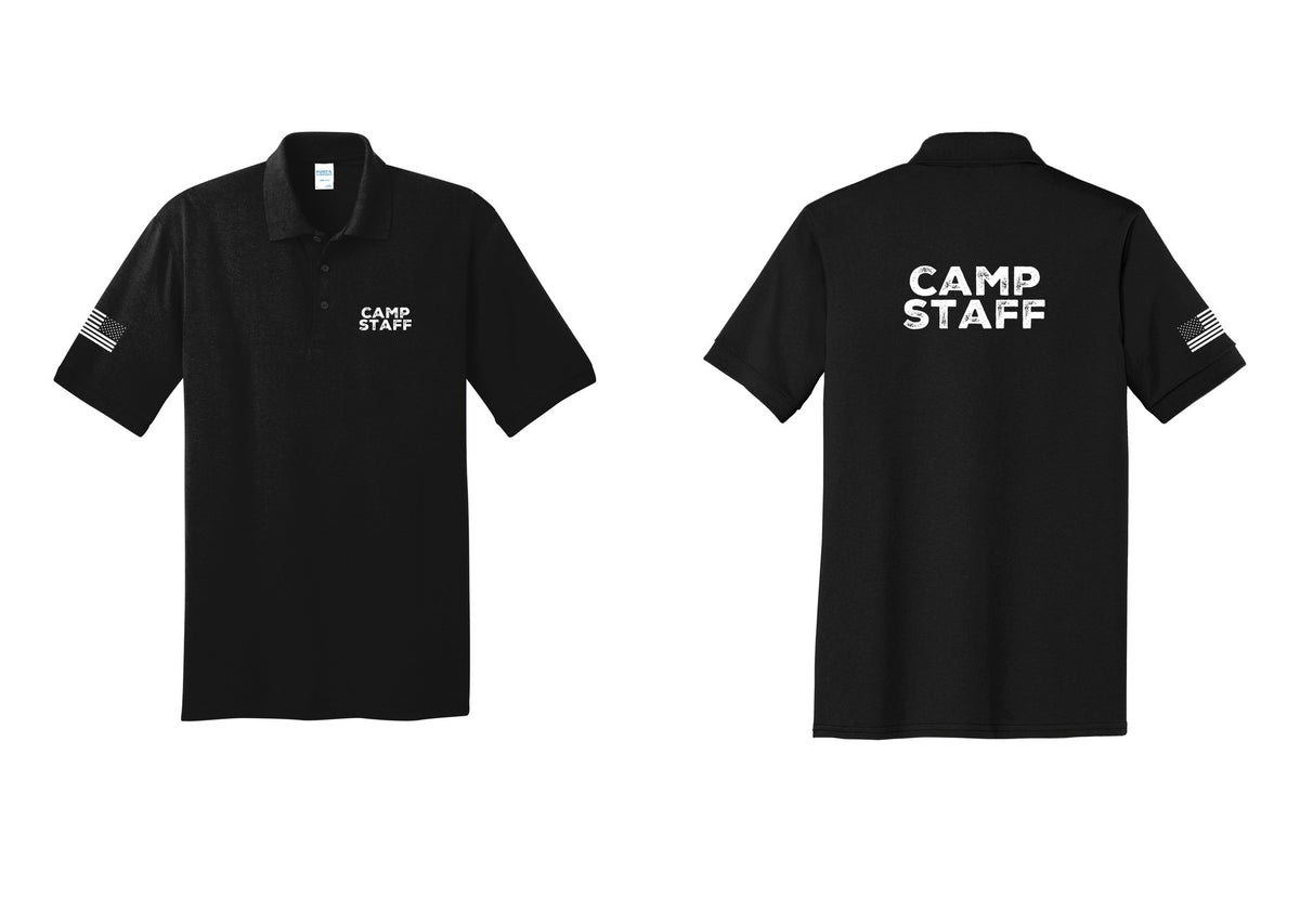 NYC Factory Camp Staff Polo Shirt (Rustic) - Chest + Back + US Flag Sleeve - Black