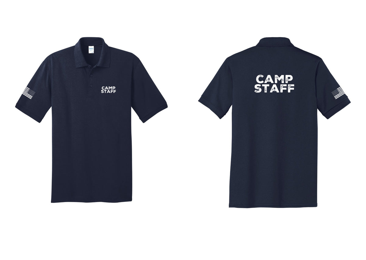 NYC Factory Camp Staff Polo Shirt (Rustic) - Chest + Back + US Flag Sleeve - Navy