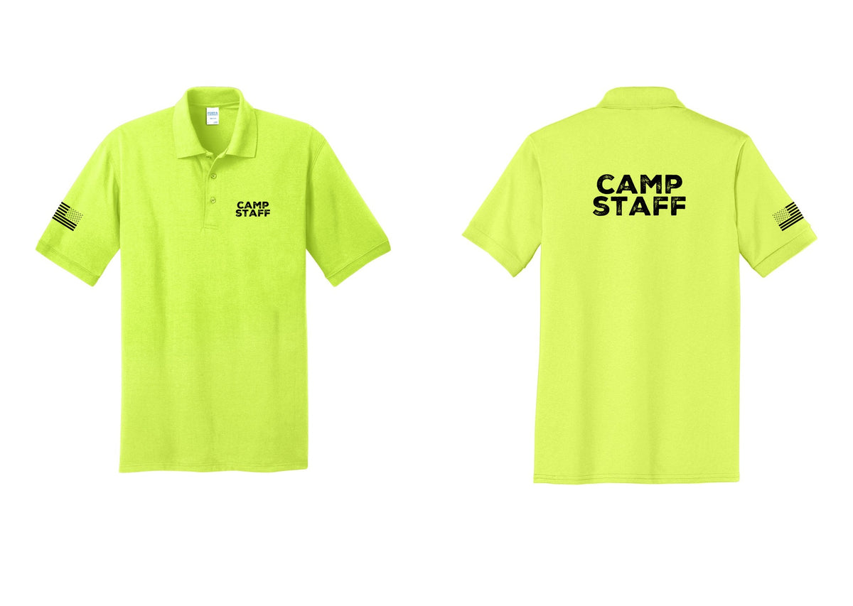 NYC Factory Camp Staff Polo Shirt (Rustic) - Chest + Back + US Flag Sleeve - Safety Green
