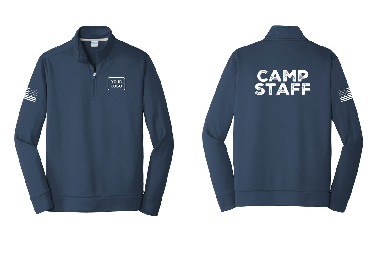 NYC Factory Custom Logo Camp Staff Performance Fleece 1/4-Zip Pullover Sweatshirt (Rustic) - Your Logo + Back + US Flag Sleeve - Navy