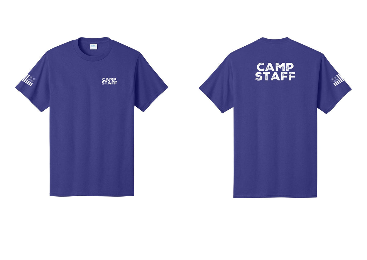 NYC Factory Unisex Camp Staff Charcoal T-Shirt - Chest + Back + US Flag Sleeve - Purple