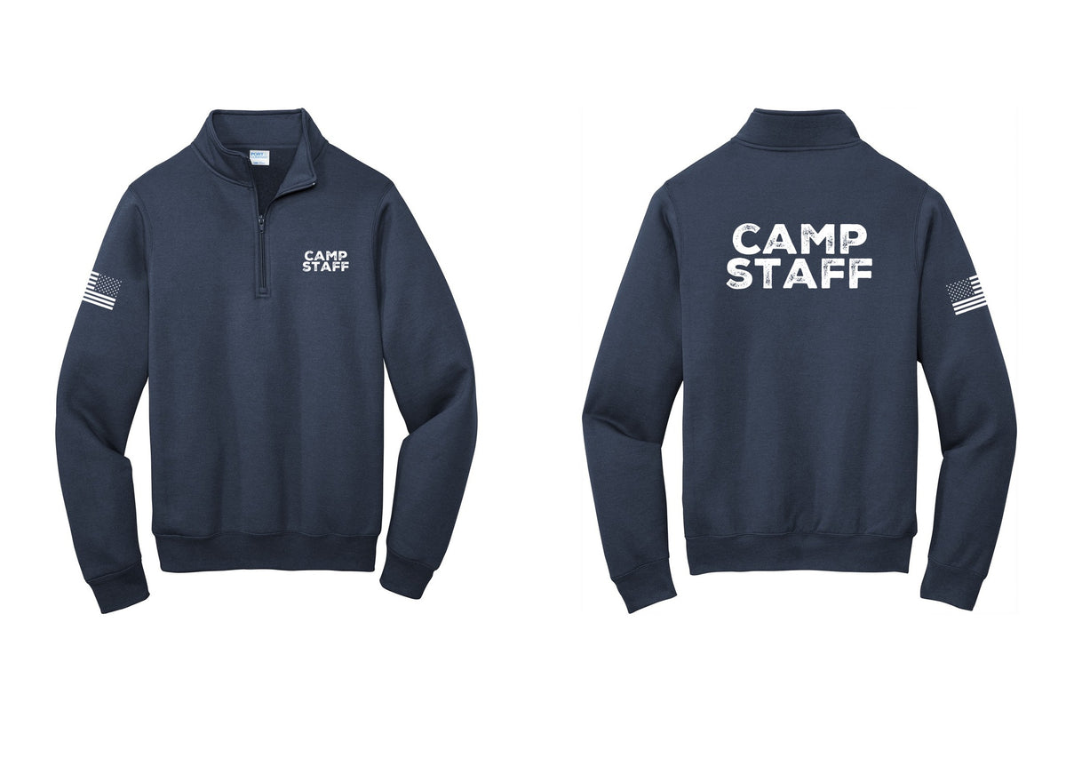 NYC Factory Camp Staff Cotton Fleece 1/4-Zip Pullover Sweatshirt (Rustic) - Chest + Back + US Flag Sleeve - Navy