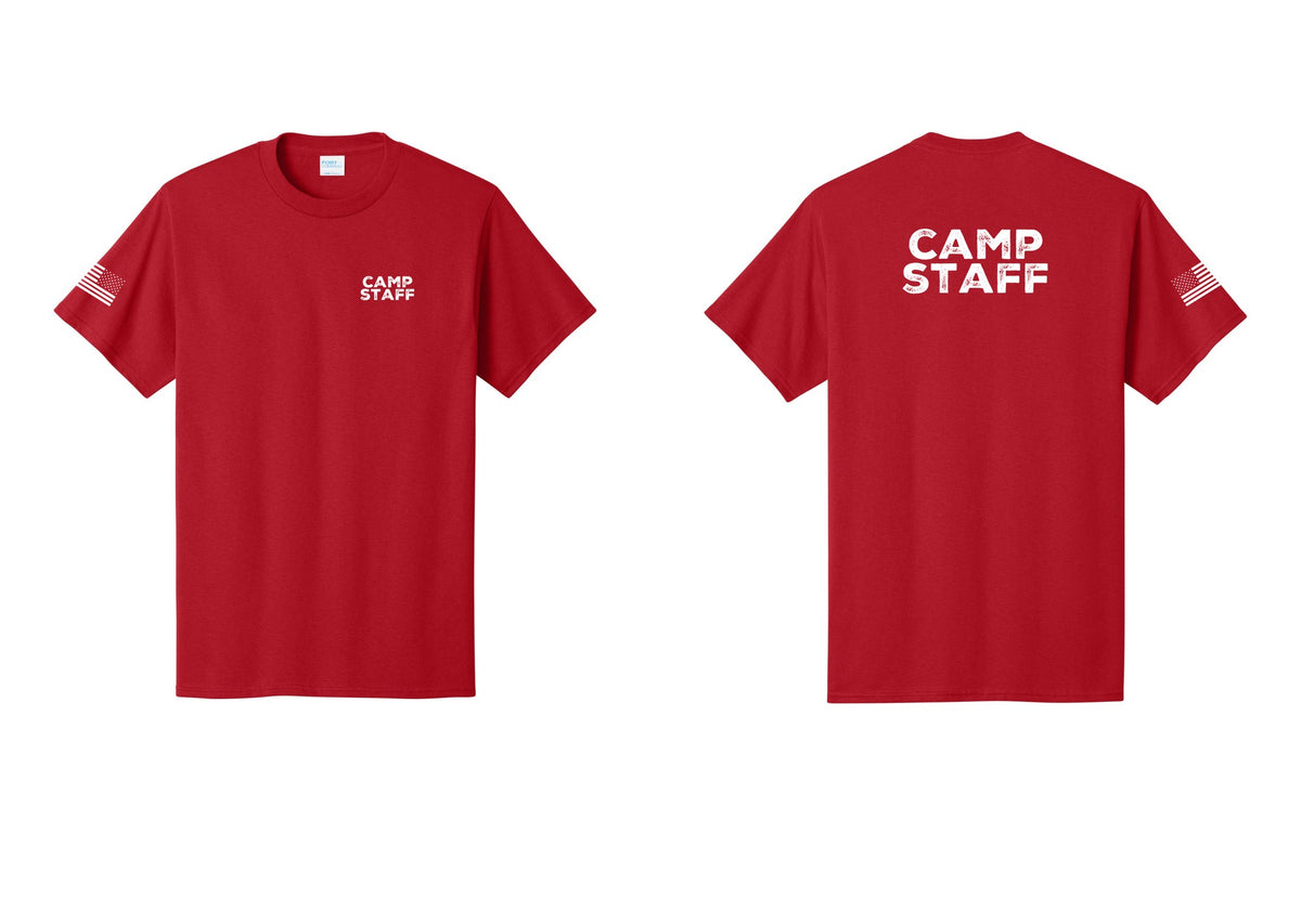 NYC Factory Camp Staff T-Shirt - Chest + Back + US Flag Sleeve - Red