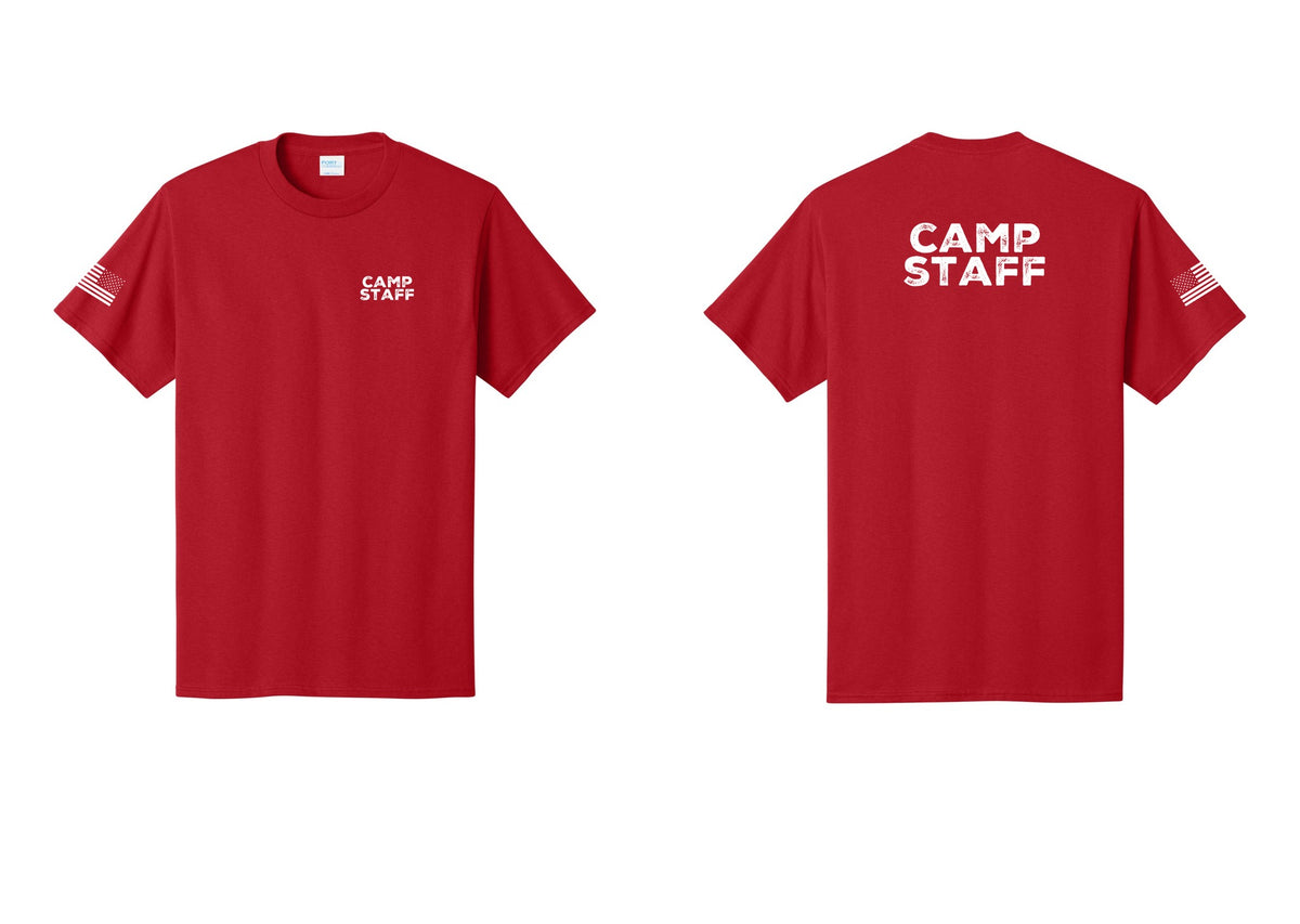 NYC Factory Unisex Camp Staff Charcoal T-Shirt - Chest + Back + US Flag Sleeve - Red
