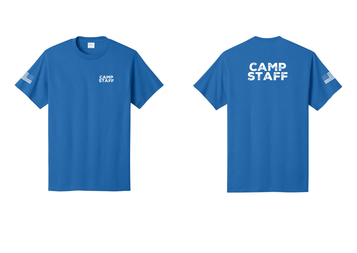 NYC Factory Camp Staff T-Shirt - Chest + Back + US Flag Sleeve - Royal