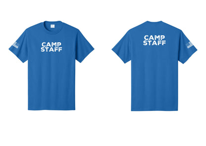 NYC Factory Unisex Camp Staff Charcoal T-Shirt - Front + Back + US Flag Sleeve - Royal