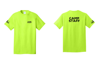 NYC Factory Unisex Camp Staff Charcoal T-Shirt - Chest + Back + US Flag Sleeve - Safety Green