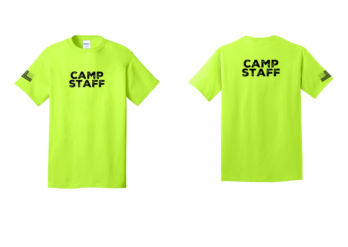 NYC Factory Unisex Camp Staff Charcoal T-Shirt - Front + Back + US Flag Sleeve - Safety Green