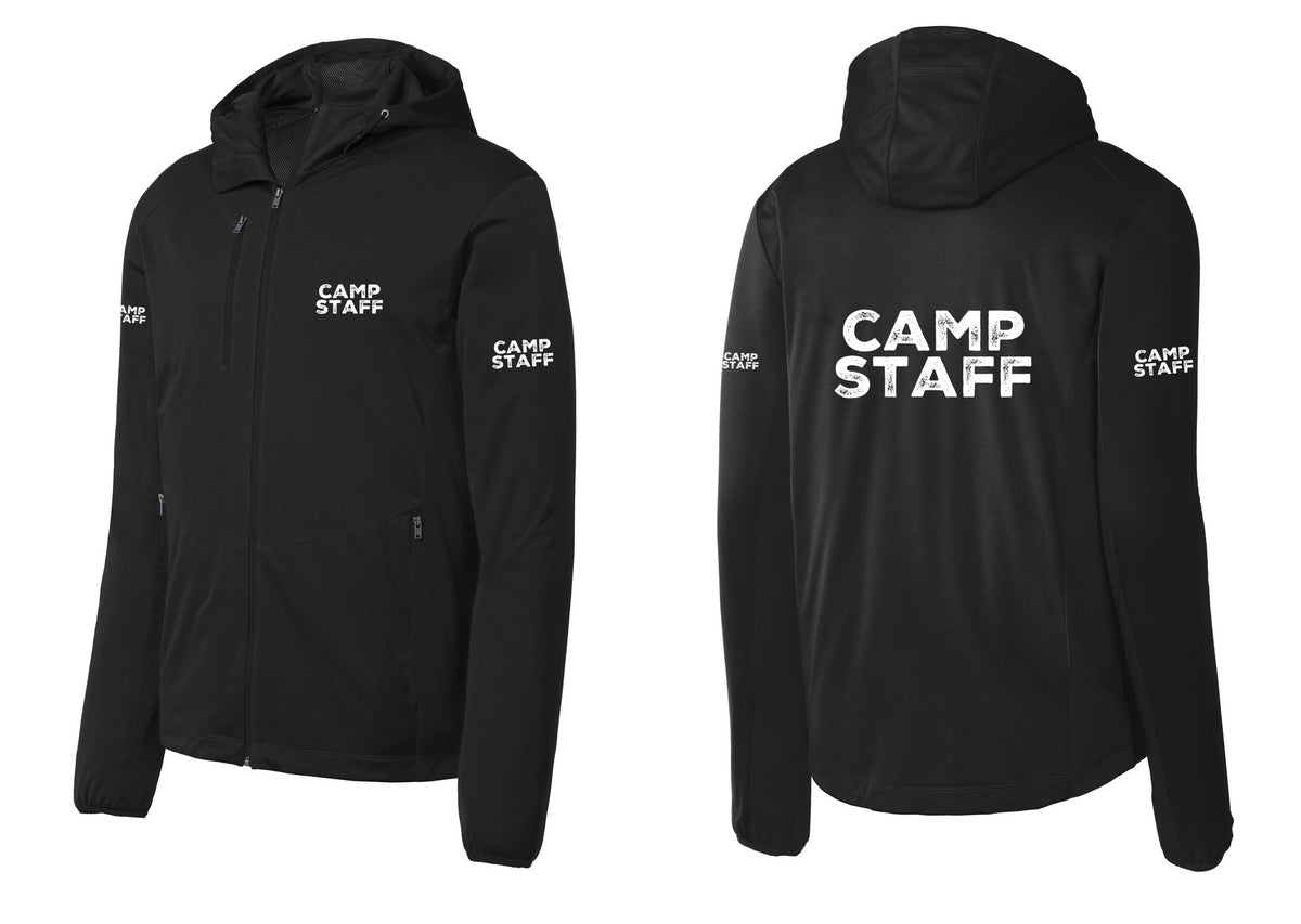 NYC Factory Camp Staff Soft Shell Hooded Jacket (Rustic) - Chest + Back + Camp Staff Sleeves - Deep Black