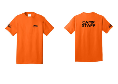 NYC Factory Camp Staff T-Shirt - Chest + Back + US Flag Sleeve - Safety Orange