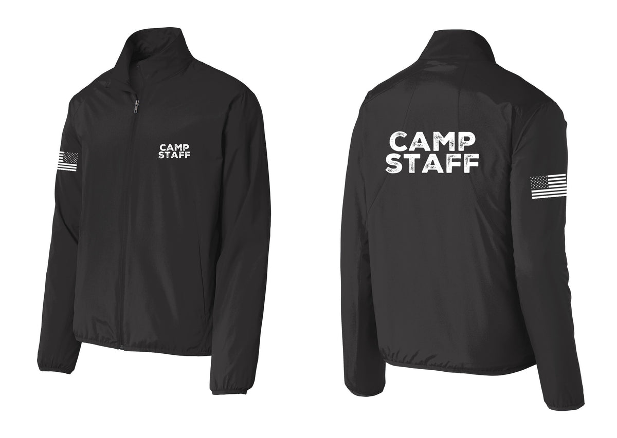 NYC Factory Camp Staff Windbreaker Full-Zip Jacket (Rustic) - Chest + Back + US Flag Sleeve - Black