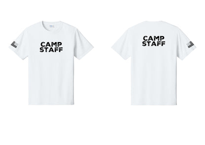 NYC Factory Camp Staff T-Shirt - Front + Back + US Flag Sleeve - White