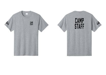 NYC Factory Camp Staff T-Shirt, Condensed Lettering - Chest + Back + US Flag Sleeve - Athletic Heather