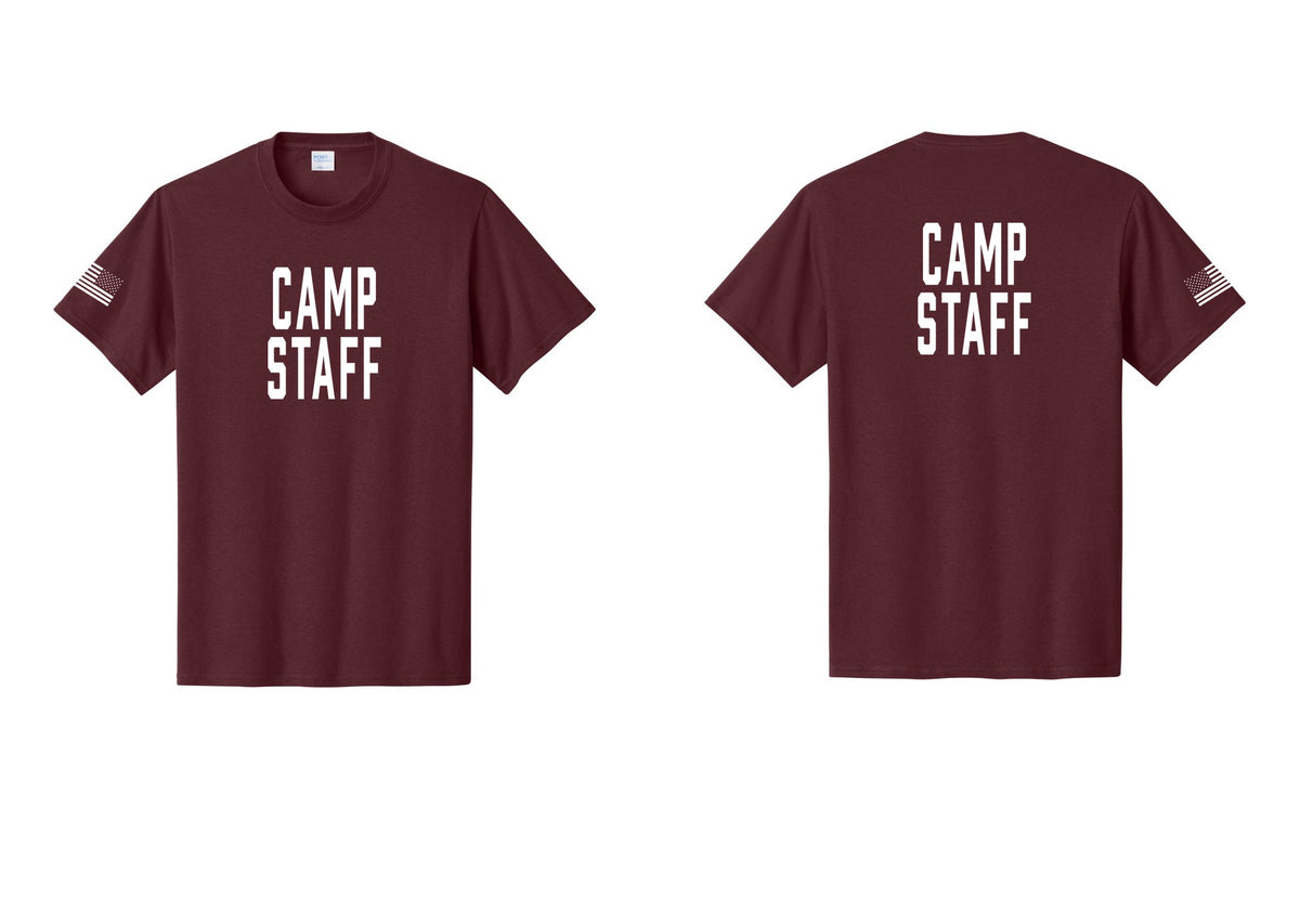 NYC Factory Camp Staff T-Shirt, Condensed Lettering - Front + Back + US Flag Sleeve - Athletic Maroon