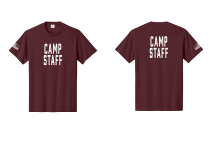 NYC Factory Camp Staff T-Shirt, Condensed Lettering - Front + Back + US Flag Sleeve - Athletic Maroon