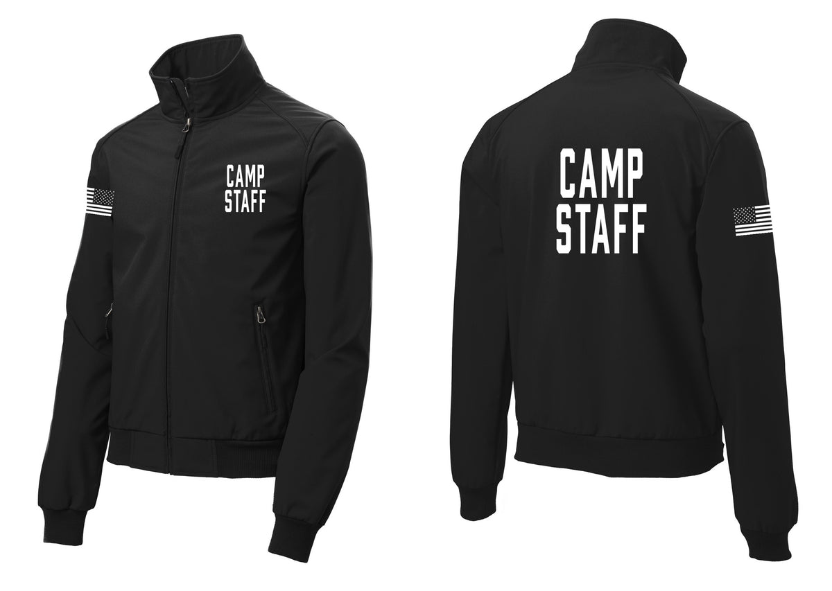 NYC Factory Camp Staff Soft Shell Bomber Jacket (Classic) - Chest + Back + US Flag Sleeve - Black