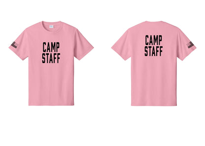 NYC Factory Camp Staff T-Shirt, Condensed Lettering - Front + Back + US Flag Sleeve - Candy Pink