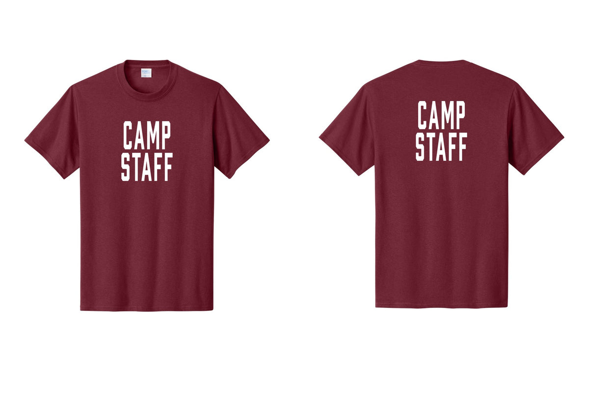 NYC Factory Camp Staff T-Shirt, Condensed Lettering - Front + Back - Cardinal