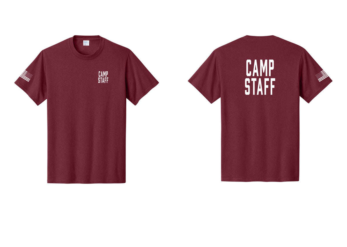 NYC Factory Camp Staff T-Shirt, Condensed Lettering - Chest + Back + US Flag Sleeve - Cardinal