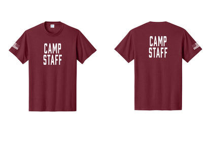 NYC Factory Camp Staff T-Shirt, Condensed Lettering - Front + Back + US Flag Sleeve - Cardinal