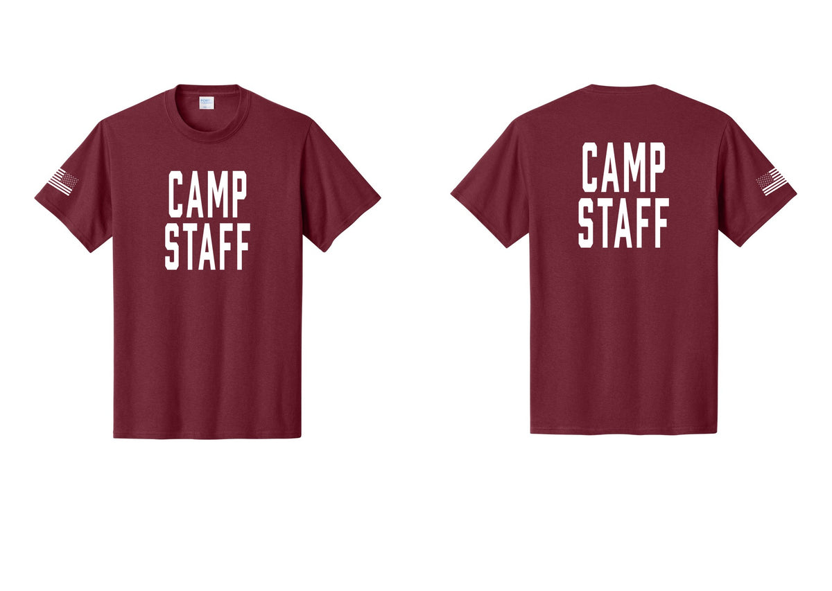 NYC Factory Unisex Camp Staff Classic T-Shirt - Front + Back + US Flag Sleeve - Cardinal