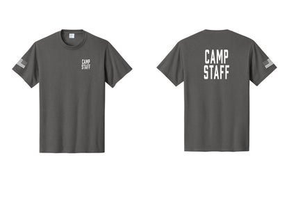 NYC Factory Camp Staff T-Shirt, Condensed Lettering - Chest + Back + US Flag Sleeve - Charcoal