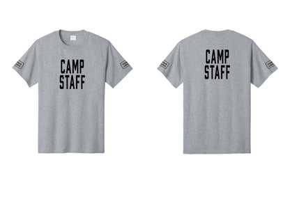 NYC Factory Custom Logo Camp Staff T-Shirt, Condensed Lettering - Front + Back + Your Logo Sleeves - Athletic Heather