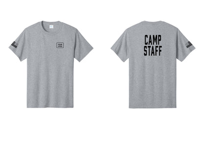 NYC Factory Custom Logo Camp Staff T-Shirt, Condensed Lettering - Your Logo + Back + US Flag Sleeve - Athletic Heather