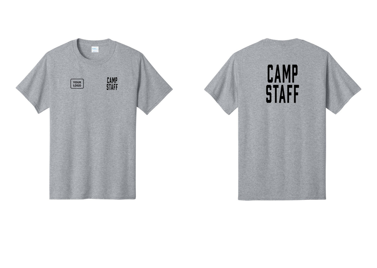 NYC Factory Custom Logo Camp Staff T-Shirt, Condensed Lettering - CAMP STAFF + Your Logo + Back - Athletic Heather