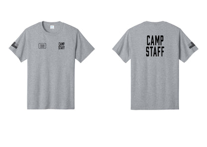 NYC Factory Custom Logo Camp Staff T-Shirt, Condensed Lettering - CAMP STAFF + Your Logo + Back + US Flag Sleeve - Athletic Heather