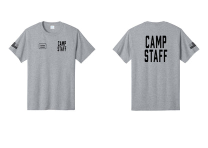 NYC Factory Unisex Custom Logo Camp Staff T-Shirt - CAMP STAFF + Your Logo + Back + US Flag Sleeve - Athletic Heather