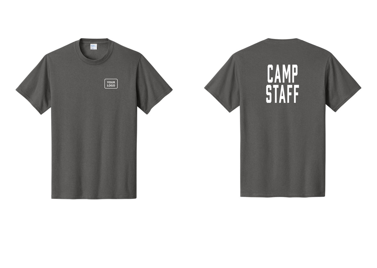 NYC Factory Custom Logo Camp Staff T-Shirt, Condensed Lettering - Your Logo + Back - Charcoal